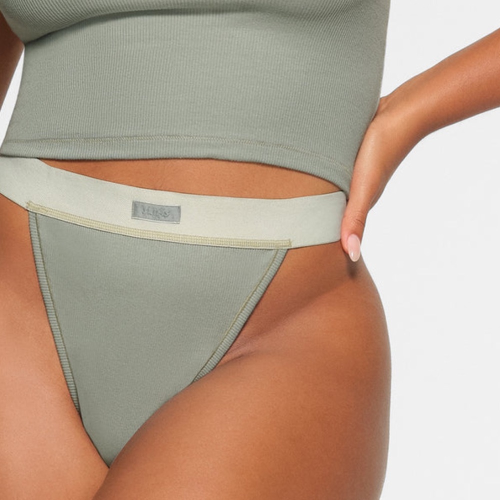 SKIMS Cotton Rib Thong Panties Mineral Wide Band Soft Medium- High Waist